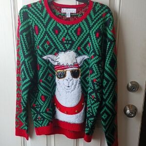 **Big Goofy Llama In Sunglasses & Jingle Bell Collar Christmas Sweater - Large